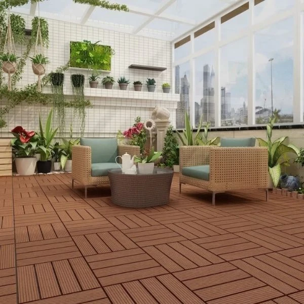 Enclosed terrace garden with composite deck tiles