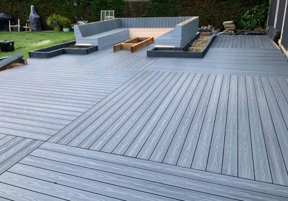 Large garden patio with grey WPC decking