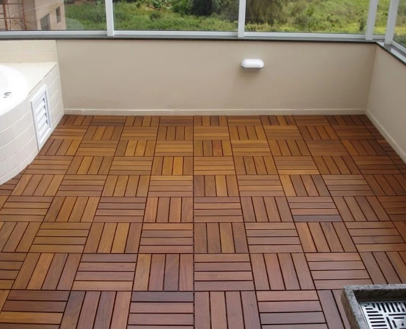 Apartment balcony floor with teak deck tiles