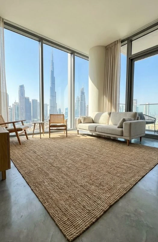 Natural jute rug in living room penthouse