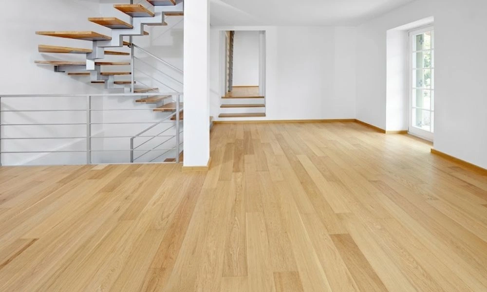 Bright hallway with light oak parquet flooring