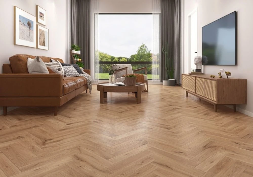 Modern TV lounge with light parquet floor