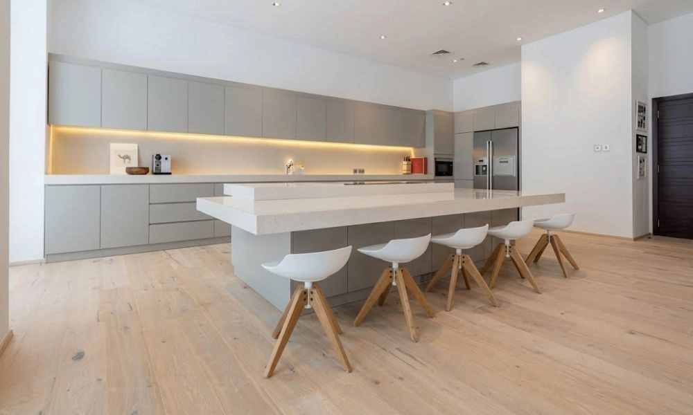 Minimalist grey kitchen with light flooring
