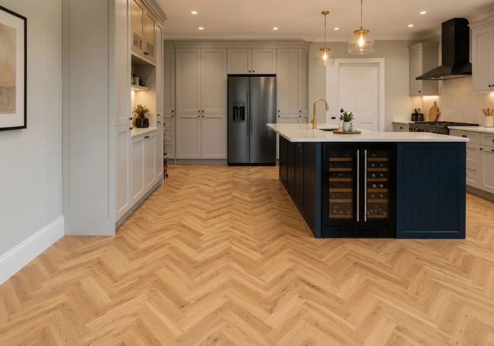 Modern kitchen area with oak herringbone floor
