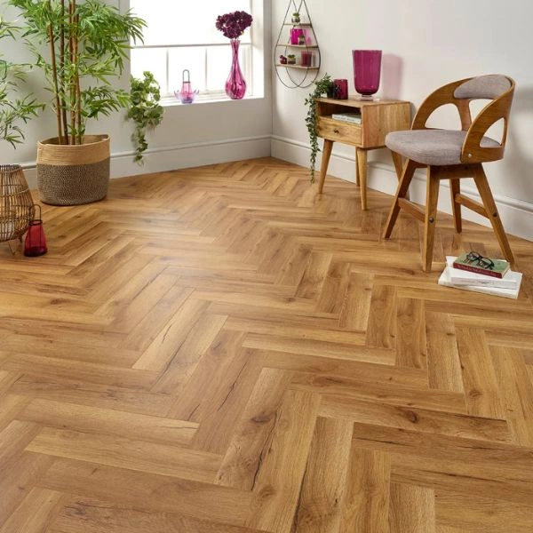 Warm oak herringbone floor in cozy room