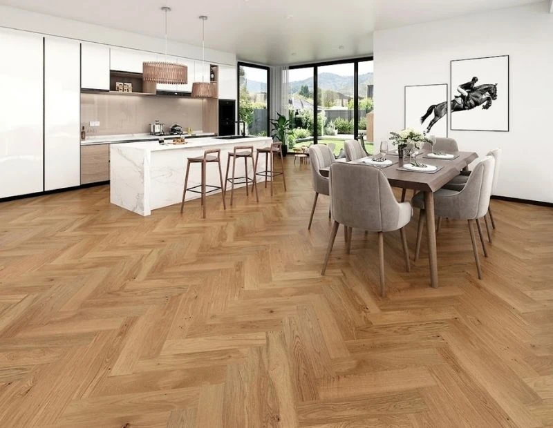 Modern open kitchen with oak parquet flooring