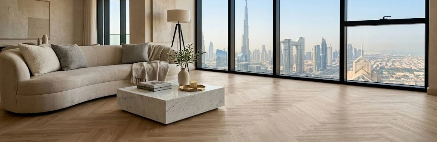 Luxury apartment living room with herringbone floor