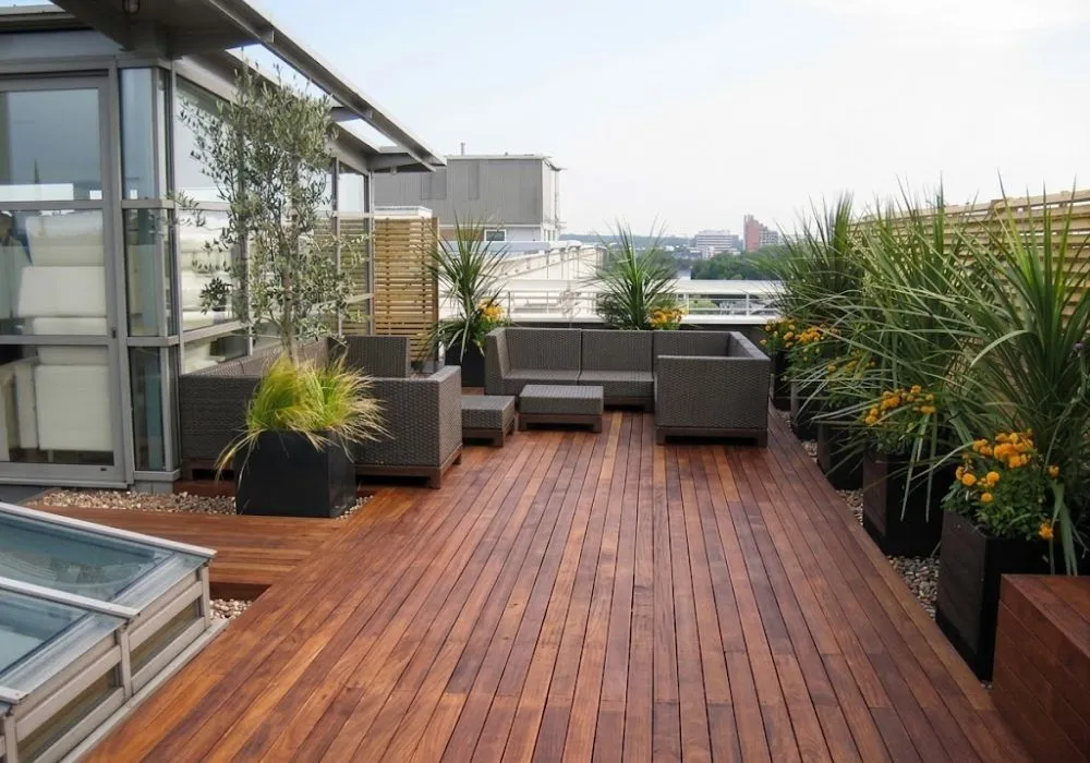 Modern penthouse terrace with polished wood deck