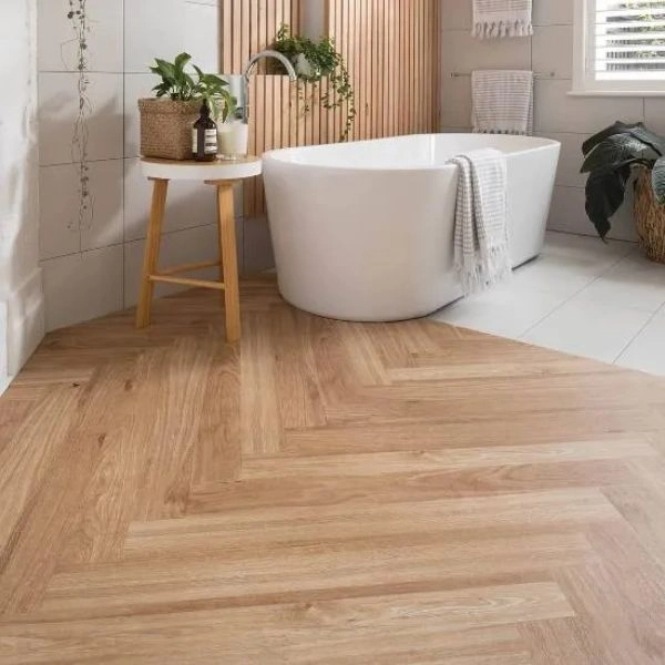 Modern bathroom with waterproof parquet floor tiles