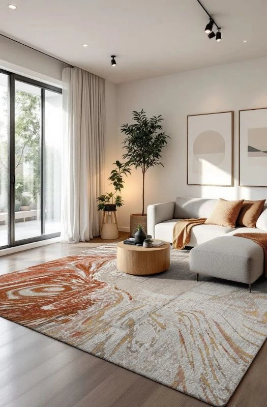 Modern abstract rust and grey area rug