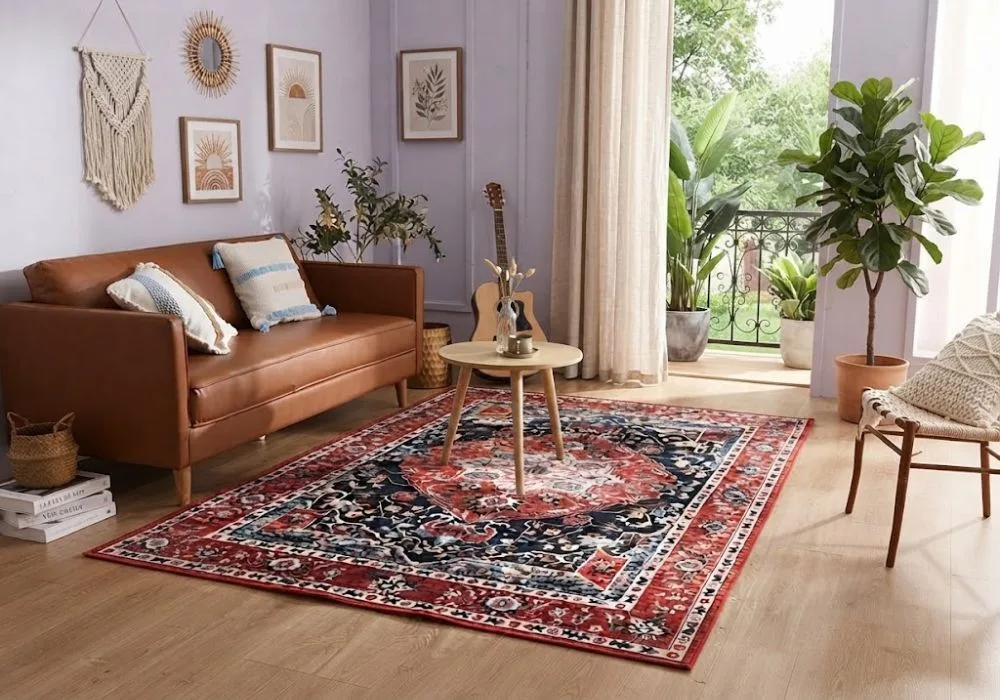 Red and navy Persian carpet in boho room