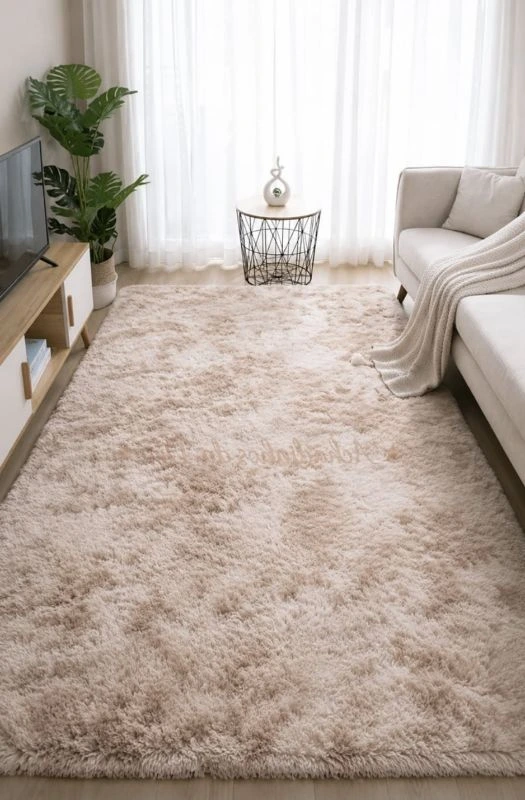Beige shaggy rug in modern living room Dubai.