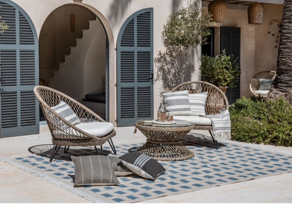 Blue and white checkered outdoor carpet