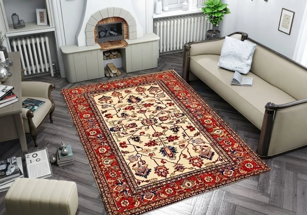 Red cream vintage Persian carpet near fireplace