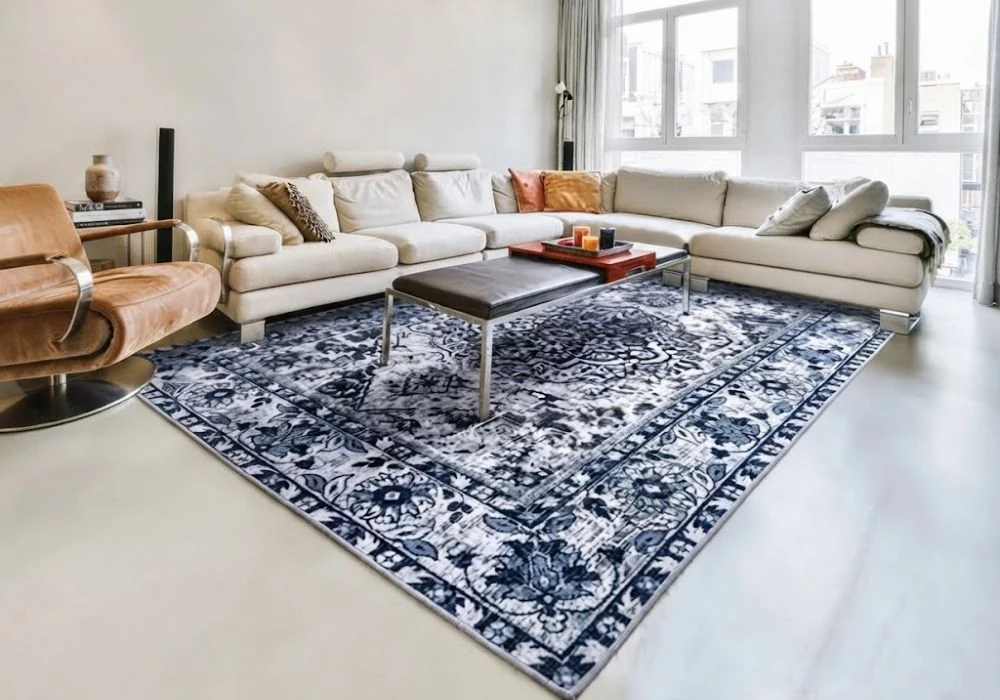 Blue grey distressed Persian carpet open space