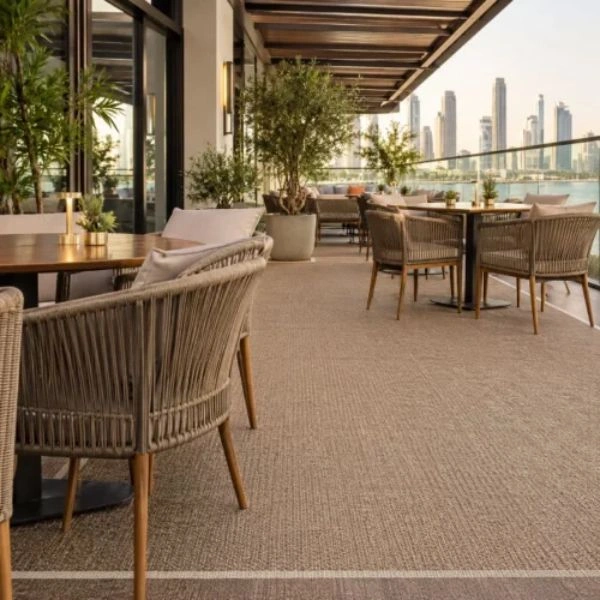 Beige outdoor carpet on long walkway