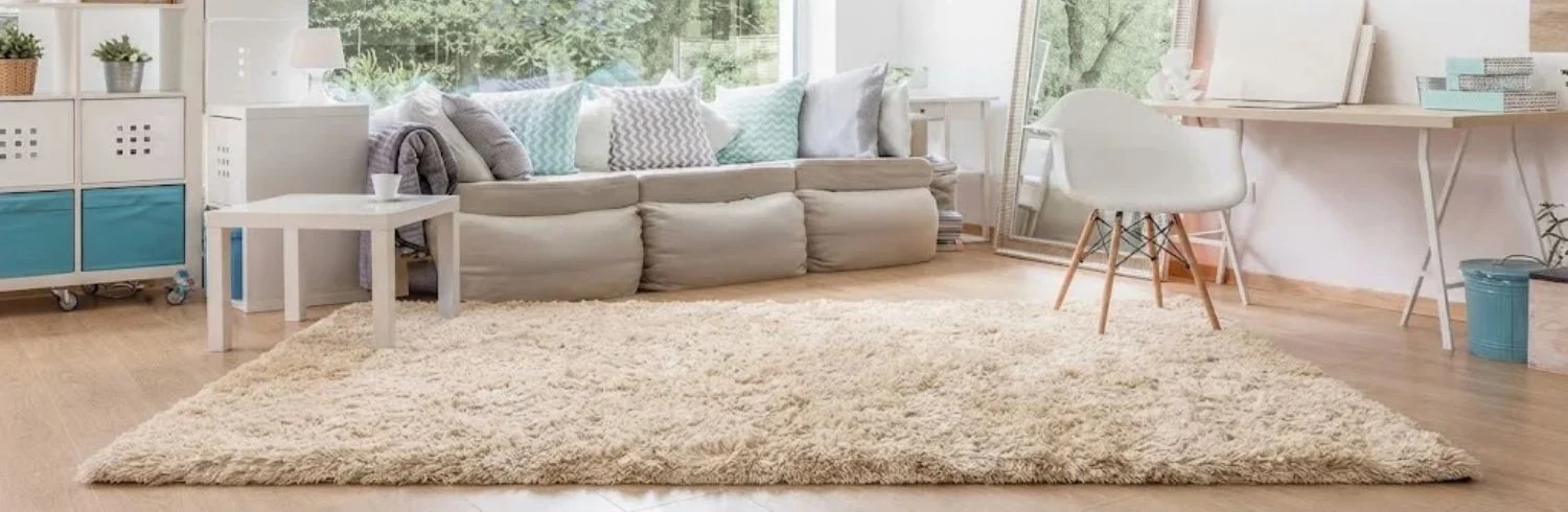 Cream shaggy rug in spacious Dubai living area.