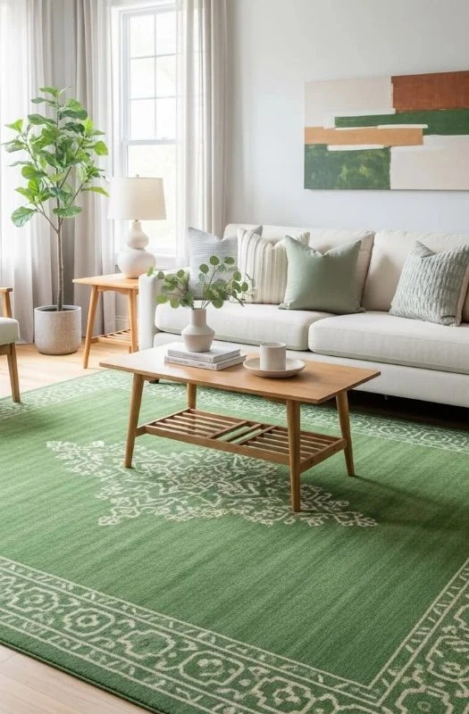 Green traditional patterned living room area rug