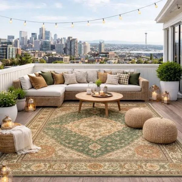 Green and beige Persian carpet on rooftop