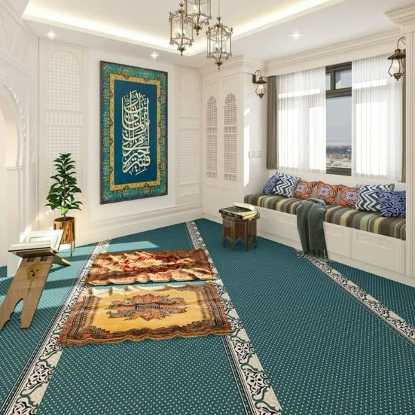 Teal green patterned mosque carpet with prayer mats