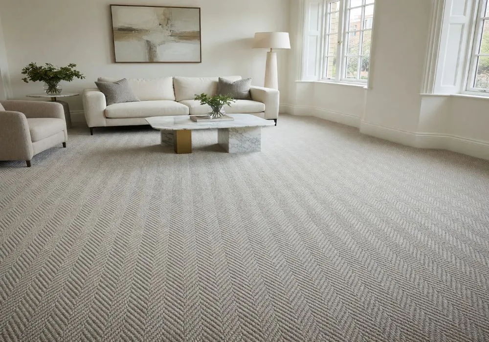 Elegant bedroom interior with grey carpet flooring