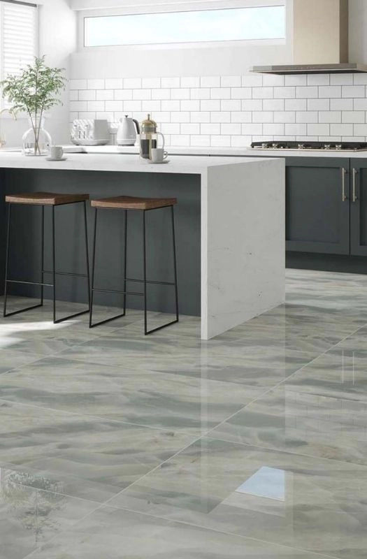 Grey marble style porcelain kitchen floor tiles