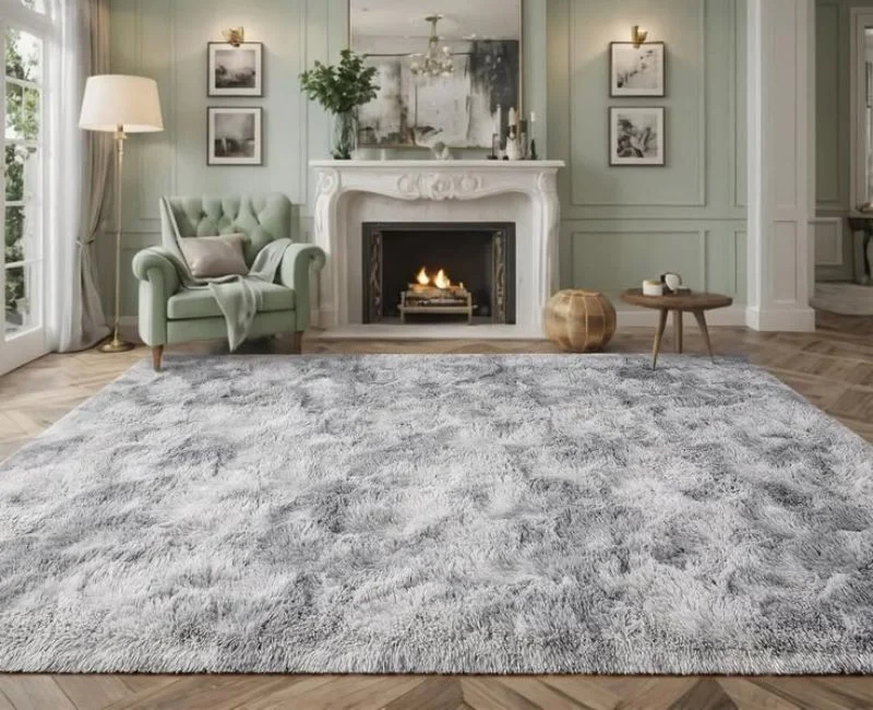 Elegant grey shaggy rug on marble flooring in Dubai villa.