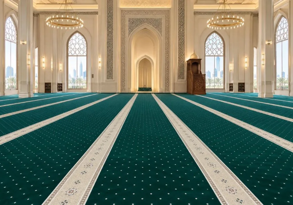Teal green mosque carpet with white patterned rows
