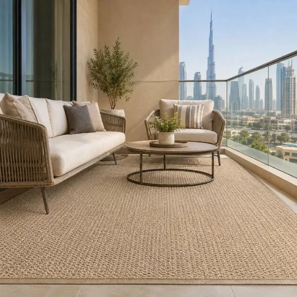 Beige outdoor carpet on high balcony