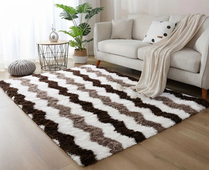 Brown and white chevron shaggy rug in modern Dubai living room