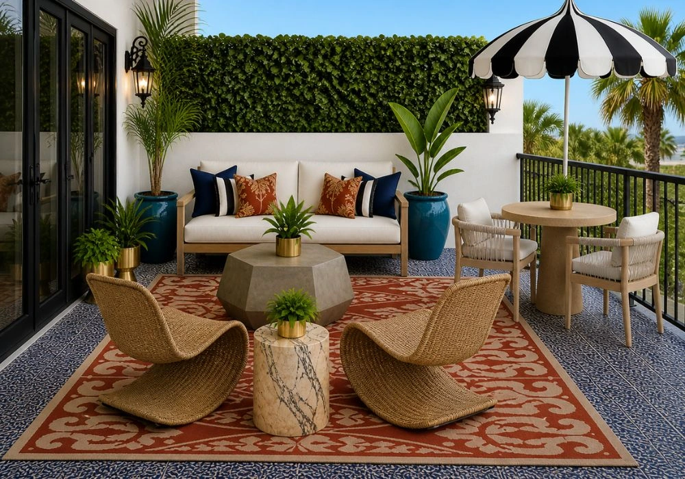 Red patterned outdoor carpet with umbrella