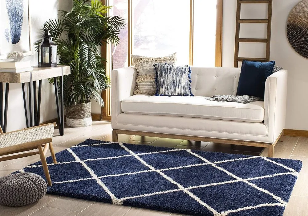 Navy blue diamond grid area rug