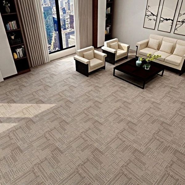 Neutral beige textured carpet tiles living room
