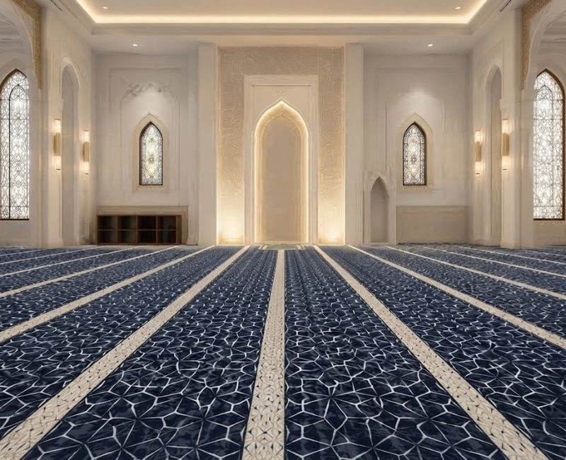 Navy blue patterned mosque carpet with borders