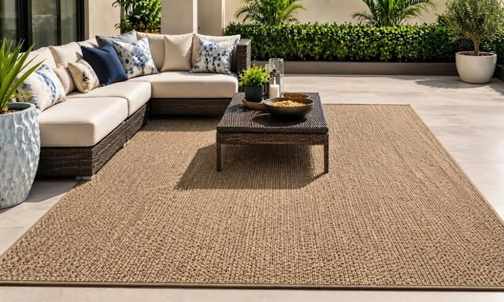 Brown textured outdoor area rug terrace