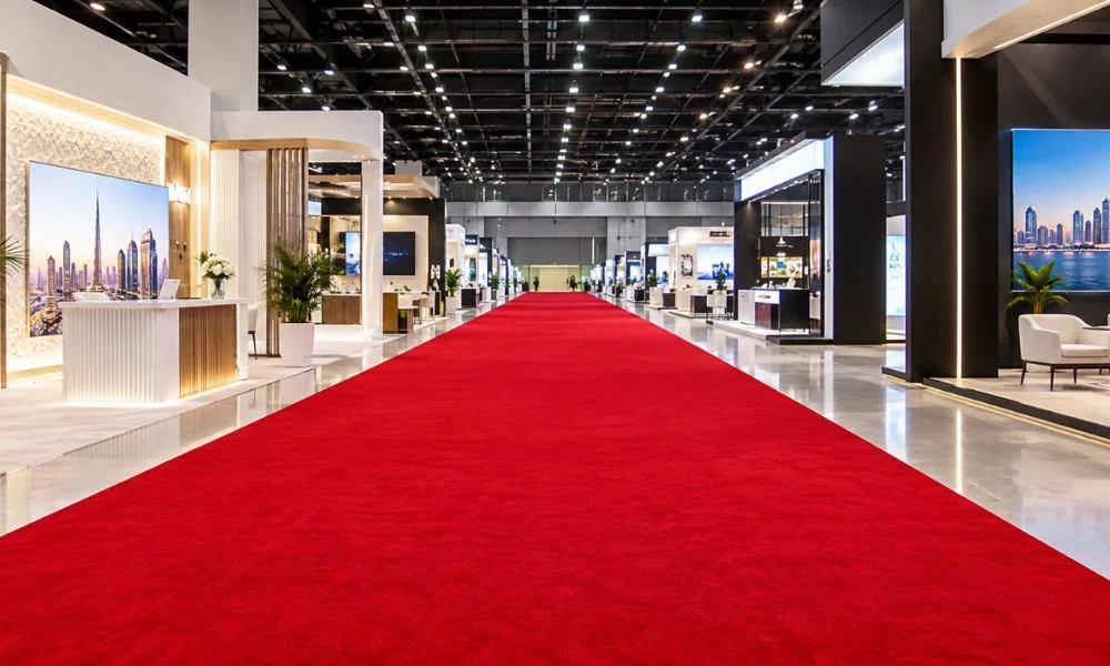 Red exhibition carpets in trade hall