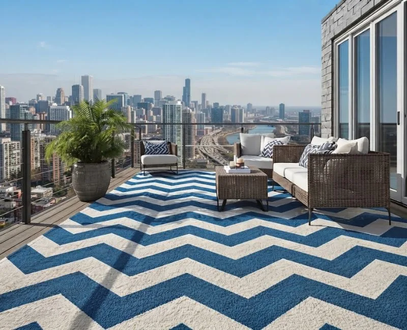 Blue and white chevron outdoor carpet