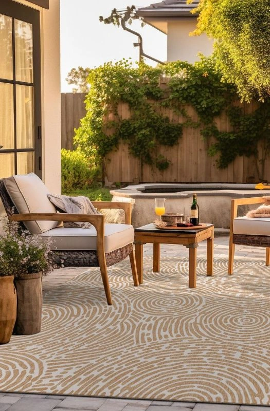Beige swirl pattern outdoor patio rug