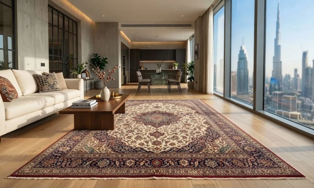 Classic Persian carpet with Dubai skyline view