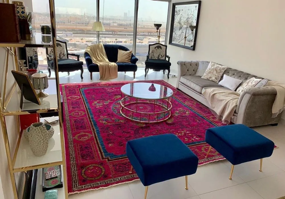 Vibrant pink and blue area rug