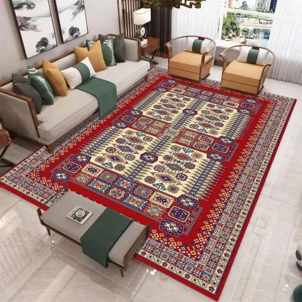 Red geometric Persian carpet in living room