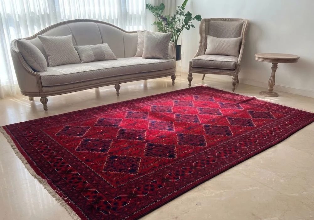 Red diamond pattern wool rug Dubai