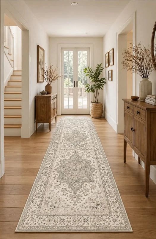 Elegant cream medallion hallway runner rug in Dubai